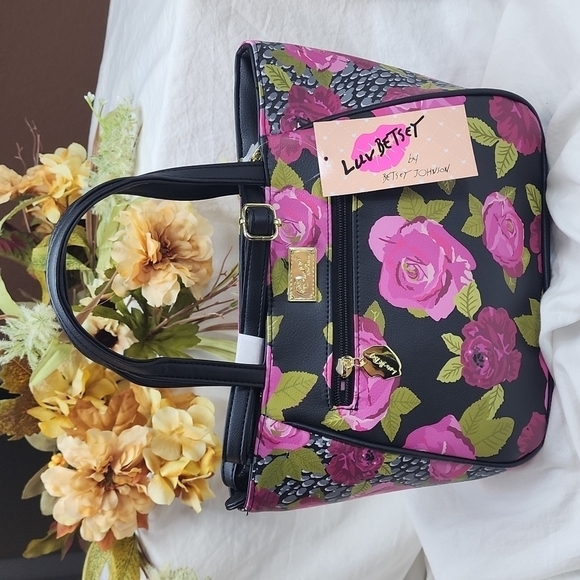 Betsey Johnson Black and Pink Floral Satchel - Picture 2 of 8